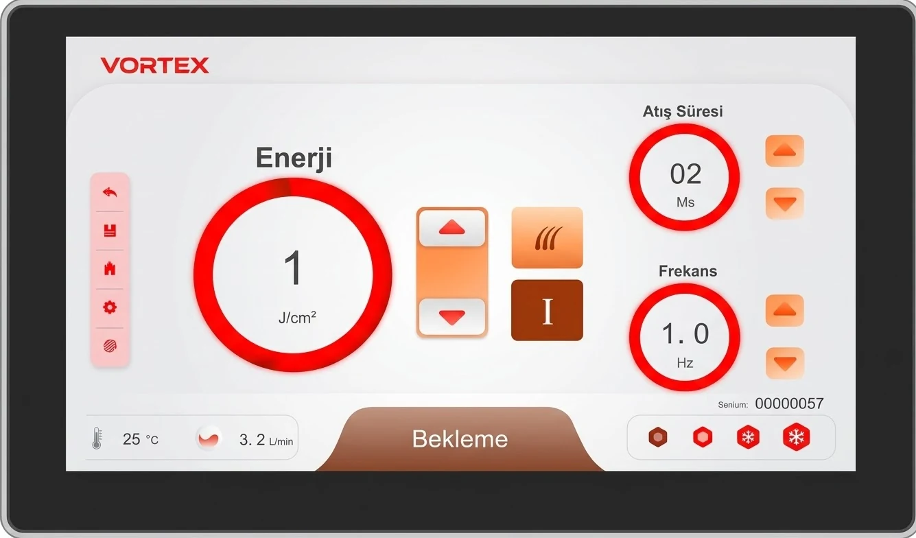 VORTEX lazer epilasyon cihazı dokunmatik ekran arayüzü: enerji (J/cm²), atış süresi (ms), frekans (Hz) ve soğutma seviyesi ayarları